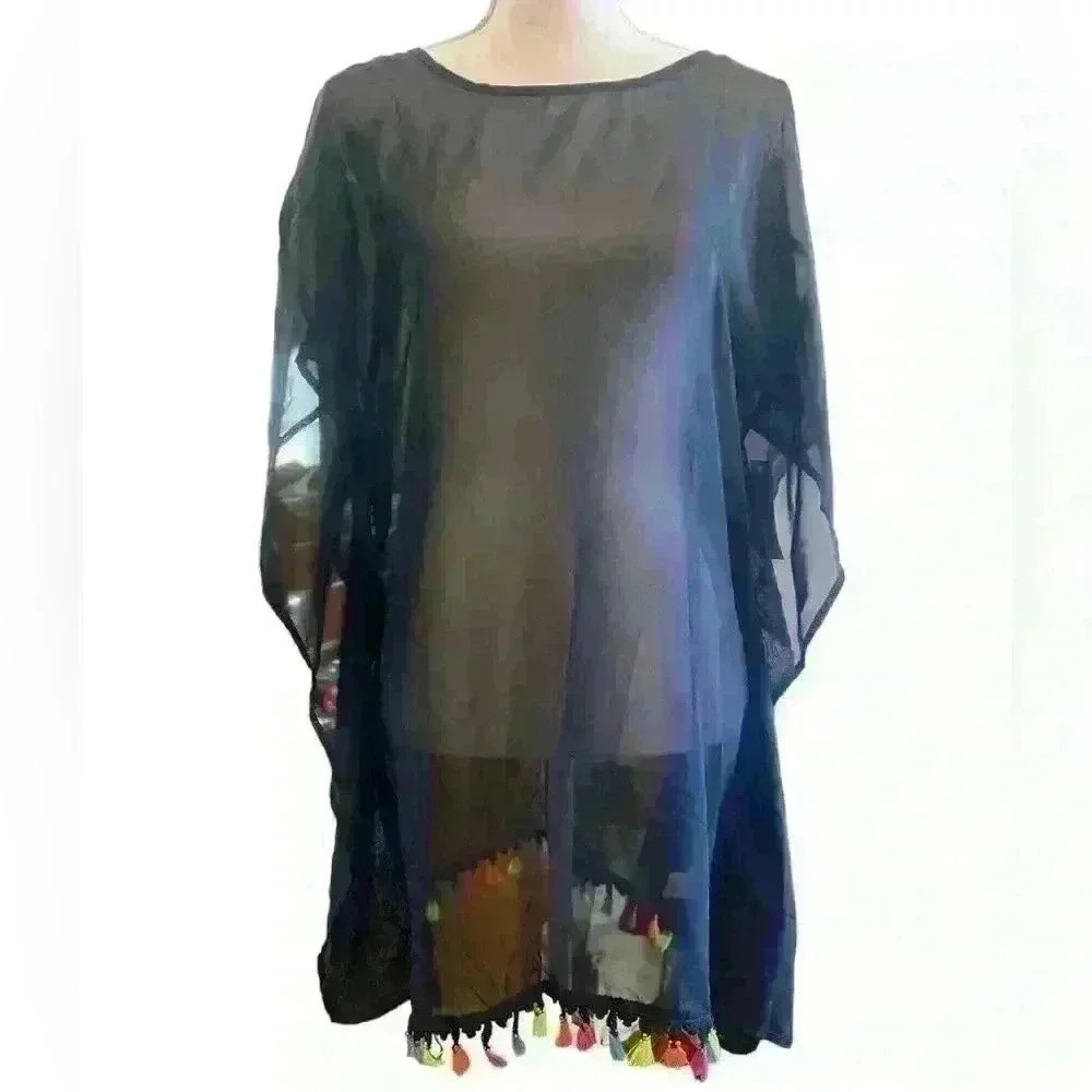 MIKEN Swim Coverup Black Tassles sz M